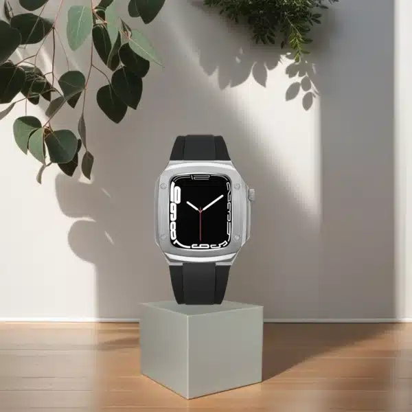 רצועת כיסוי יוקרתית 44mm/45mm שילוב של פלדה וסיליקון כסוף שחור