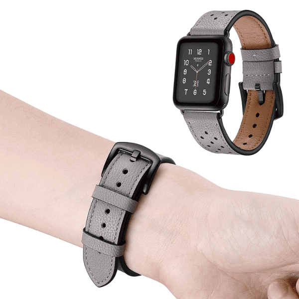 רצועת עור עם נקודות ואבזם שחור לשעון אפל אפור רצועת עור עם נקודות ואבזם שחור לשעון אפל אפור