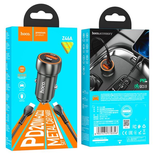 ⁦ראש מטען רכב כפול 38W חיבור PD Type-C וחיבור USB A עם כבל לאייפון Hoco Z46A⁩ – תמונה ⁦3⁩