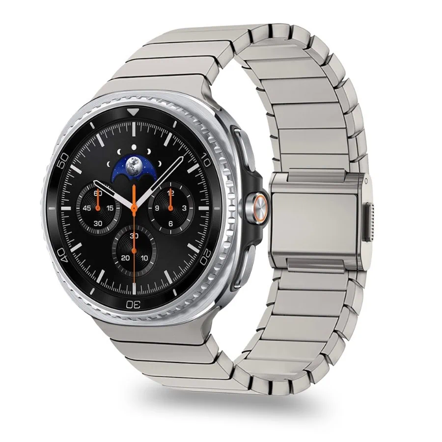 שעון חכם סמסונג Galaxy Watch 4 עם מסך מגע ופרטים טכנולוגיים מתקדמים, כולל תצוגת לוח שנה ומדדים בריאותיים, בעיצוב אלגנטי ומתוחכם.