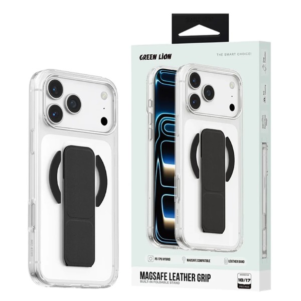 כיסוי עור MagSafe לאייפון 18 Pro Max - ירוק שחור כיסוי MagSafe שקוף עם אחיזת יד Black Lion עבור iPhone 18 Pro Max, כולל תומך MagSafe וידית אחיזה נוחה.